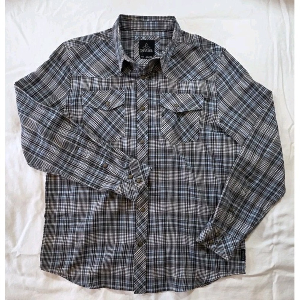 PrAna Holstad Men's Shirt Gray Plaid Snaps Organic Western Yoke‎ Medium